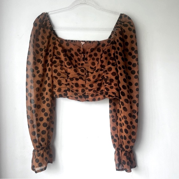 Free People Parker Brown Spotted Cropped Sheer Sleeve Crop Top XS - Picture 4 of 7